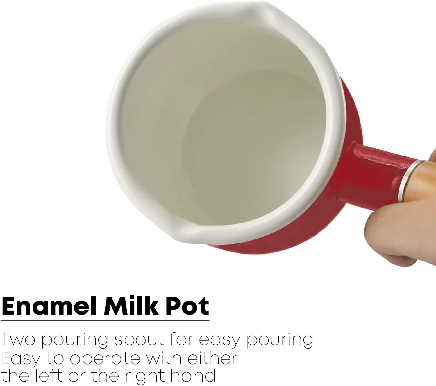 0.6qt Mini Enamel Milk Pot Insulated Wooden Handle 2 Pour Spouts Small Food Warmer Cute Saucepan (D015,RED)
