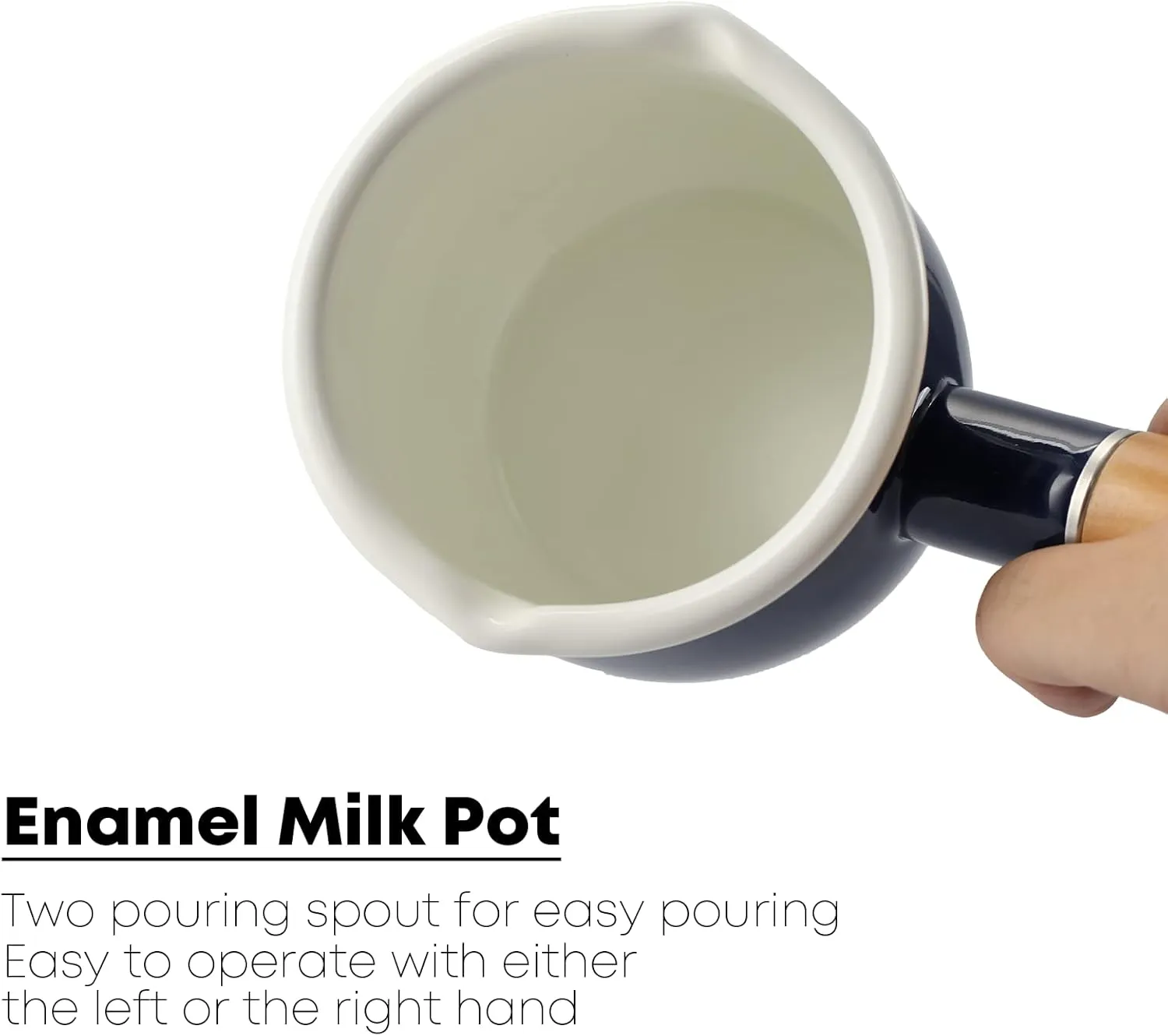 0.6qt Mini Enamel Milk Pot Insulated Wooden Handle 2 Pour Spouts Small Food Warmer Cute Saucepan(D015,Blue) …