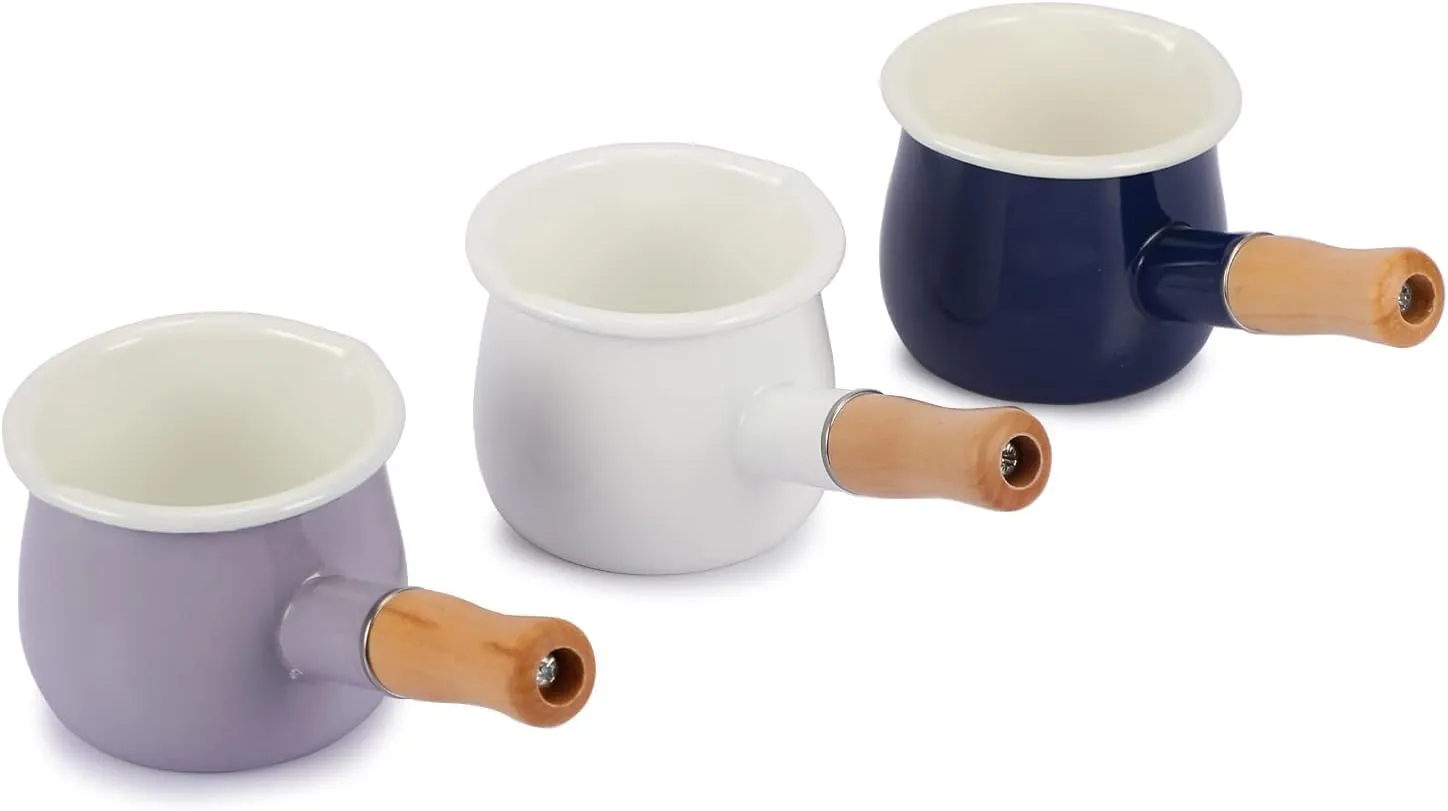 0.6qt Mini Enamel Milk Pot Insulated Wooden Handle 2 Pour Spouts Small Food Warmer Cute Saucepan(D015,Blue) …