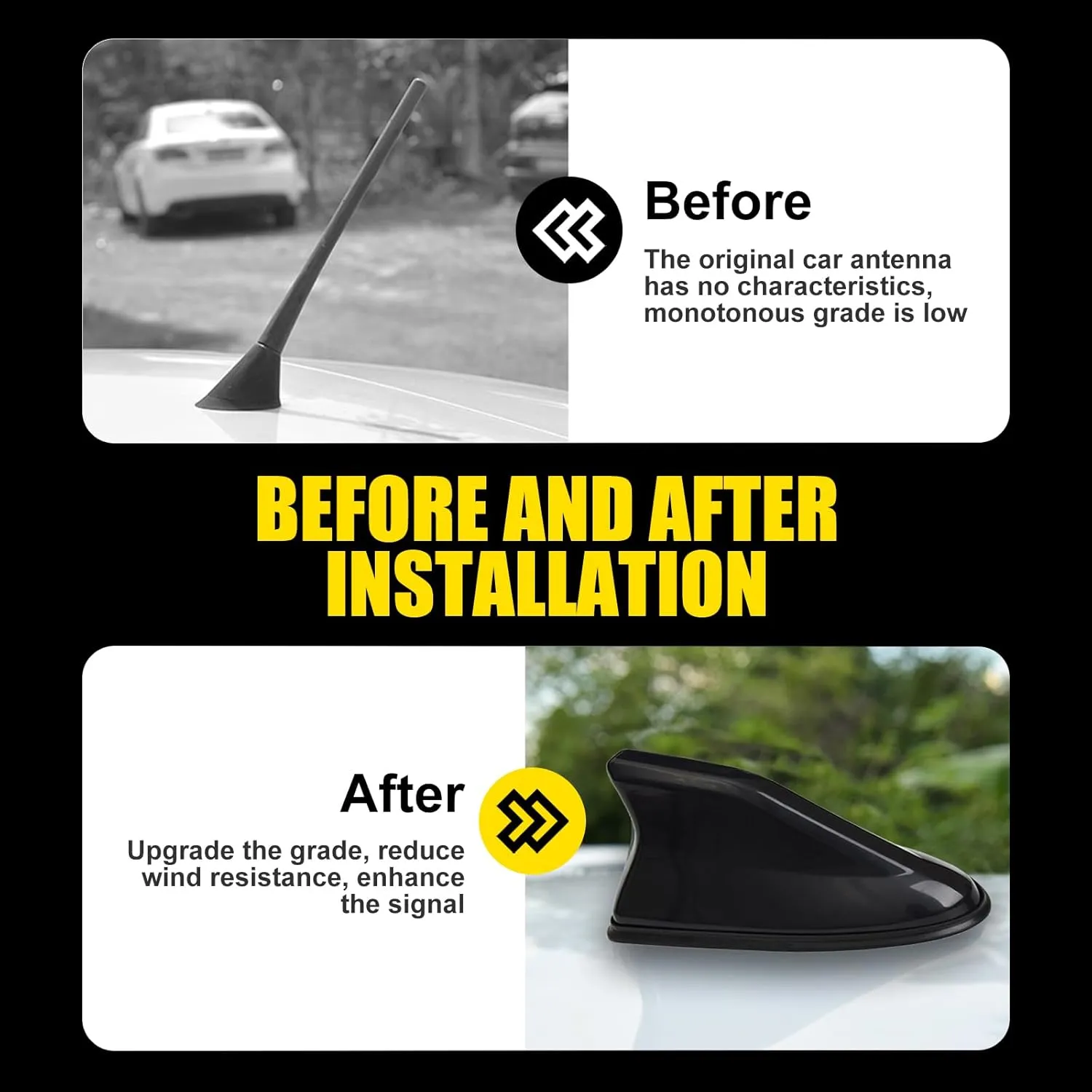 1 PC Car Shark Fin Antenna, ABS Paint Process Shark Fin Tail Waterproof Rubber Ring Stable Signal Receiving Antenna, Replacement Car Roof Decorative Antenna Cap, for Cars (Black)