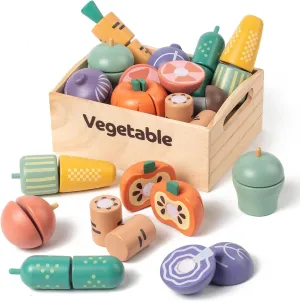 10 PCS Wooden Play Food Set, Wooden Vegetables Toys, Wooden Food Cutting Set,Cutting Vegetables Toy for Kids, Pretend Play Food Kitchen Accessories, Wood Food Toys for Age 3-6