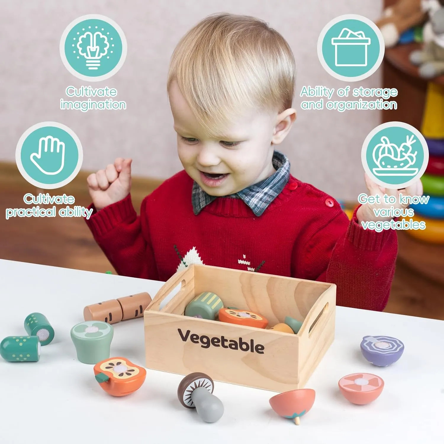 10 PCS Wooden Play Food Set, Wooden Vegetables Toys, Wooden Food Cutting Set,Cutting Vegetables Toy for Kids, Pretend Play Food Kitchen Accessories, Wood Food Toys for Age 3-6