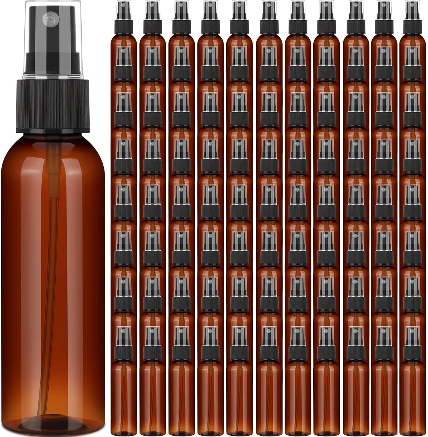 100 PCS 100 ml Plastic Amber Spray Bottles with Fine Mist Nozzles for Essential Oil Travel and Refillable Cosmetic Use
