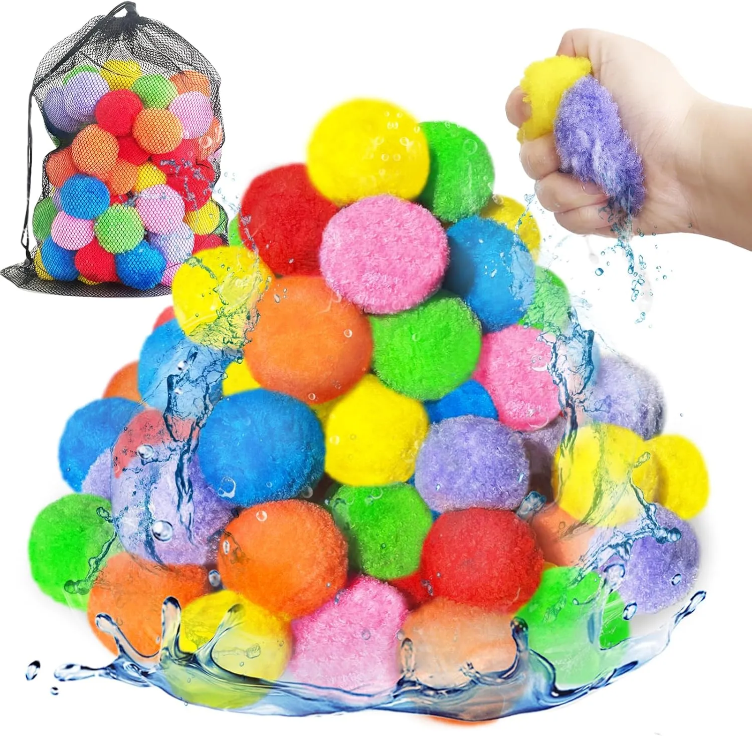100PCS Reusable Water Balls,Outdoor Water Balloons for Kids,Water Games Toys Sponge Soaker Ball for Boys,Girls,Summer Backyard,Pool Party,Fun Lawn,Beach(7 Colors)