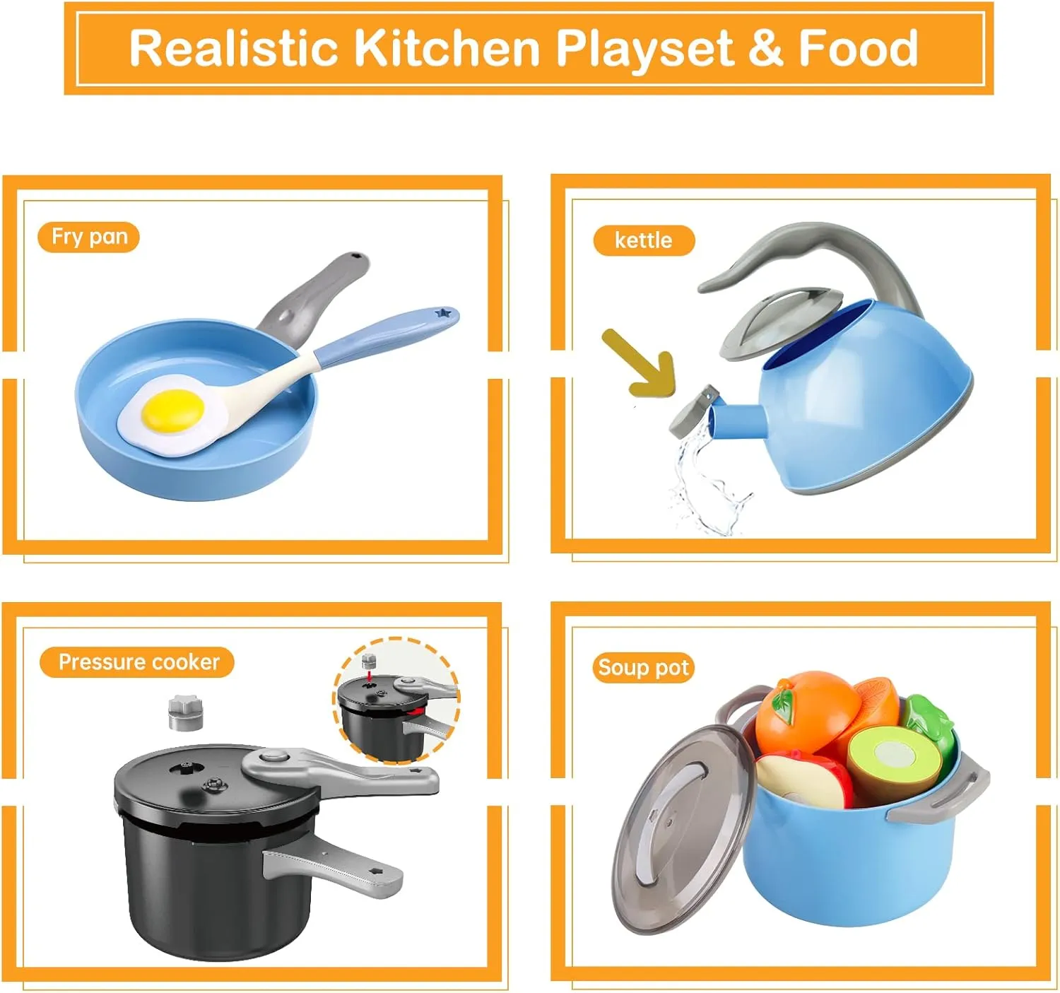 105Pcs Kids Kitchen Toy Accessories, Toddler Pretend BBQ Camping Cooking Playset, Play Pots, Pans, Utensils Cookware Toys, Play Food Set, Vegetables, Learning Gift for Girls Boys