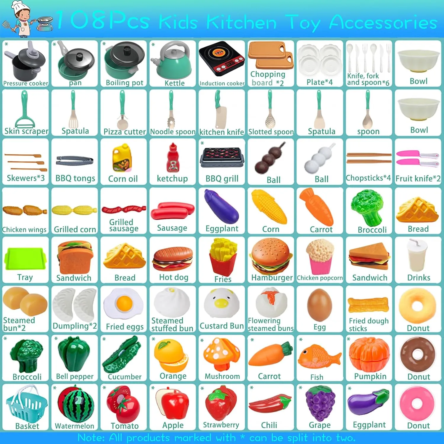 108Pcs Kids Kitchen Toy Accessories, Toddler Pretend BBQ Camping Cooking Playset, Utensils Cookware Toys, Play Food Set, Toy Vegetables, Learning Gift for Girls Boys