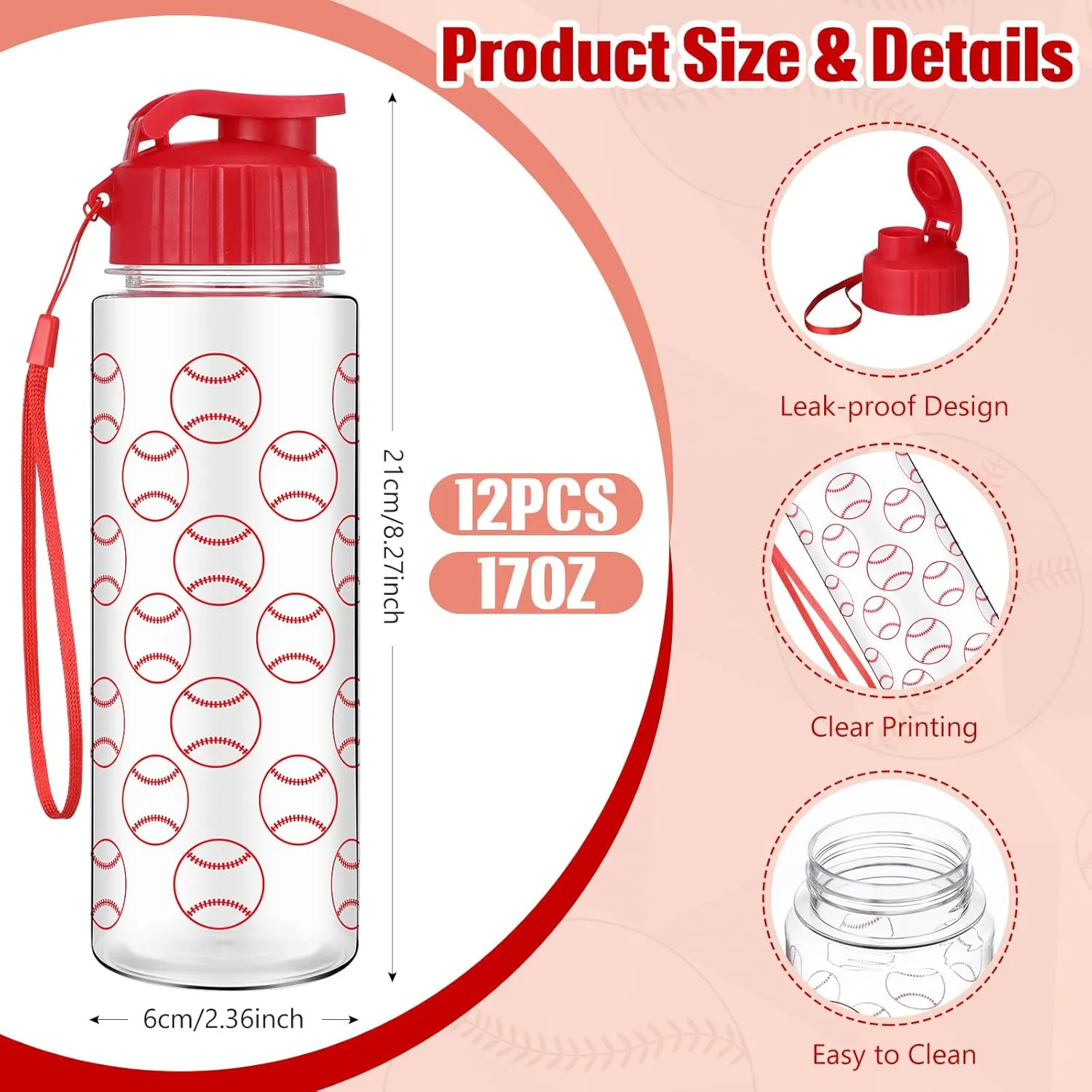 12 Pcs 17 oz Baseball Sports Bottles with Leak Proof Flip Top, Reusable Plastic Water Bottles for Baseball Team Gift Accessories, Sports Party Favors Supplies
