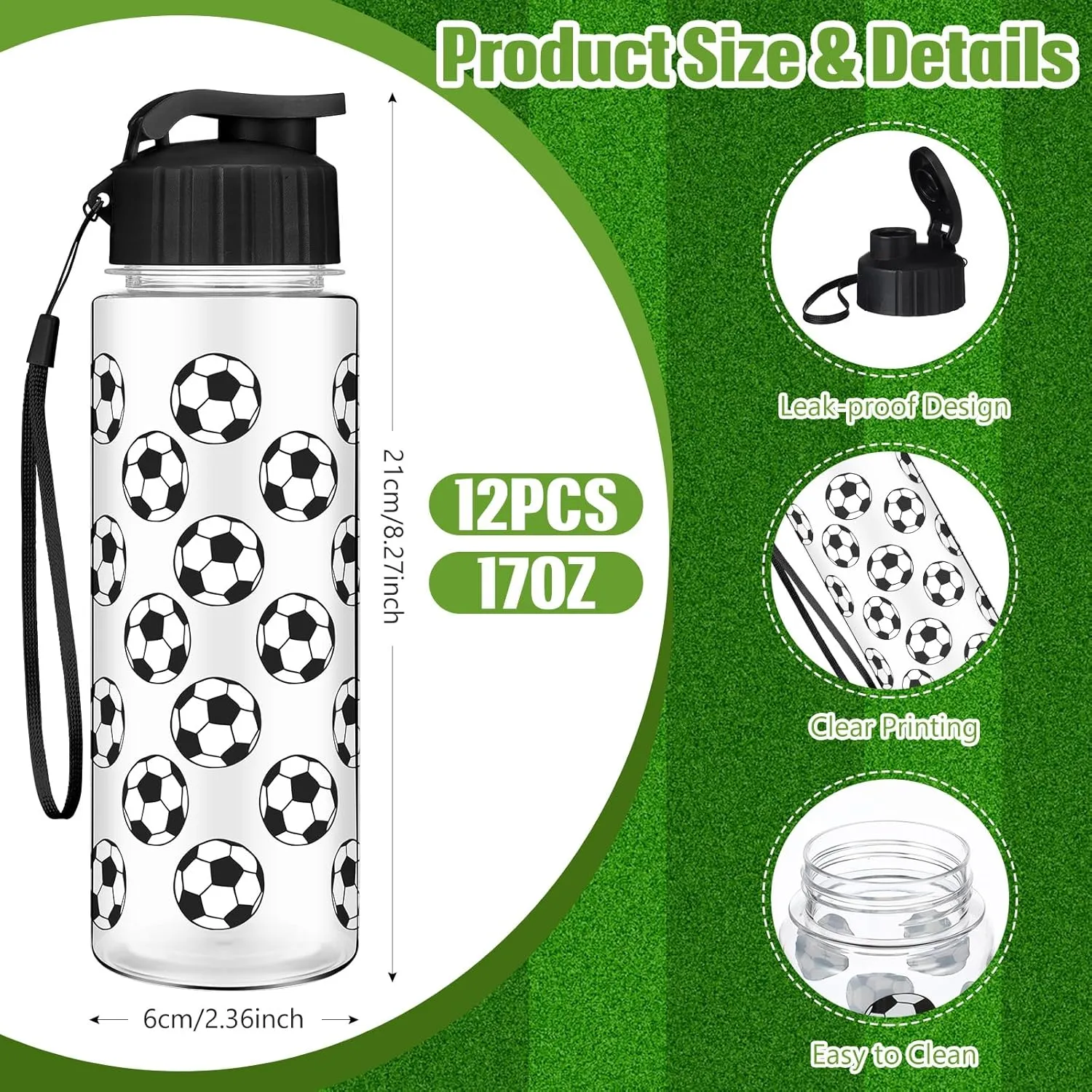 12 Pcs Soccer Water Bottles 17 oz Soccer Sports Bottle with Leak Proof Flip Top Reusable Plastic Water Bottles for Team Gift Accessories Sports Party Favors Supplies