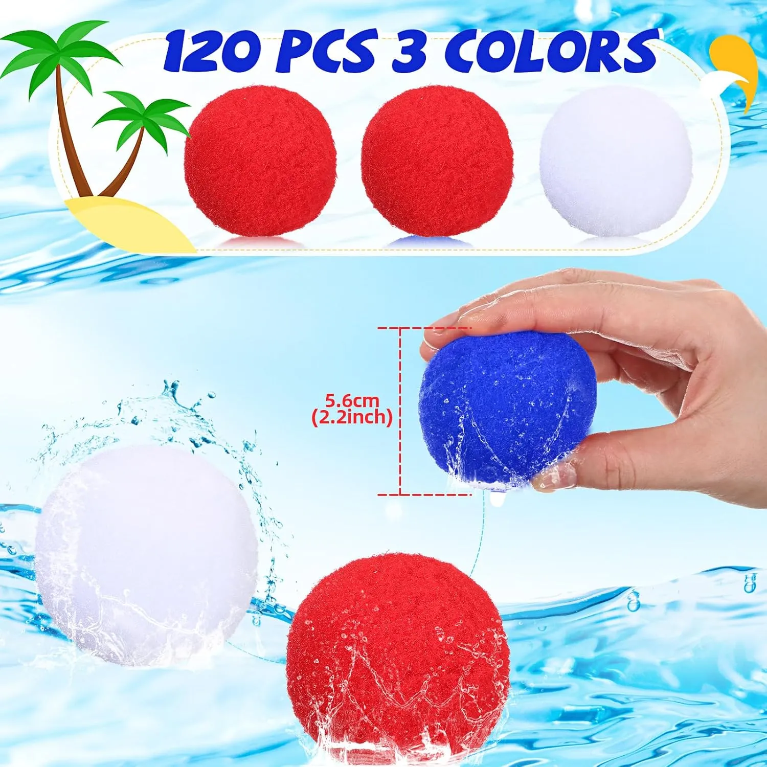 120 Pcs Reusable Water Balls, Reusable Water Balloons for Outdoor Games, balls for Adults Summer Beach Ball for Pool and Backyard Fun(White, Red, Royal Blue)