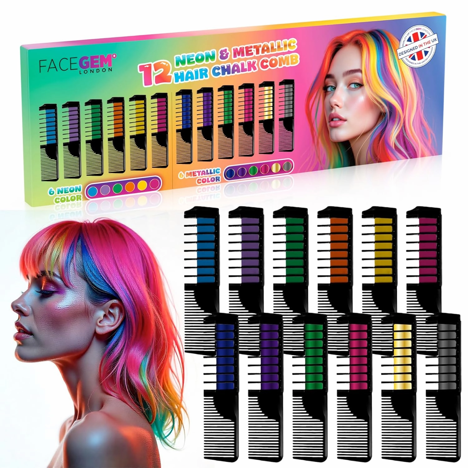 12 Hair chalks comb, 12 NEON & METALLIC hair chalk, Non-Toxic Easy Washable Hair Dye Colourful, METALLIC & NEON hair chalk -Perfect for Festivals, Halloween, Party, hair chalks for girls