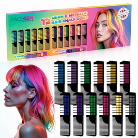 12 Hair chalks comb, 12 NEON & METALLIC hair chalk, Non-Toxic Easy Washable Hair Dye Colourful, METALLIC & NEON hair chalk -Perfect for Festivals, Halloween, Party, hair chalks for girls