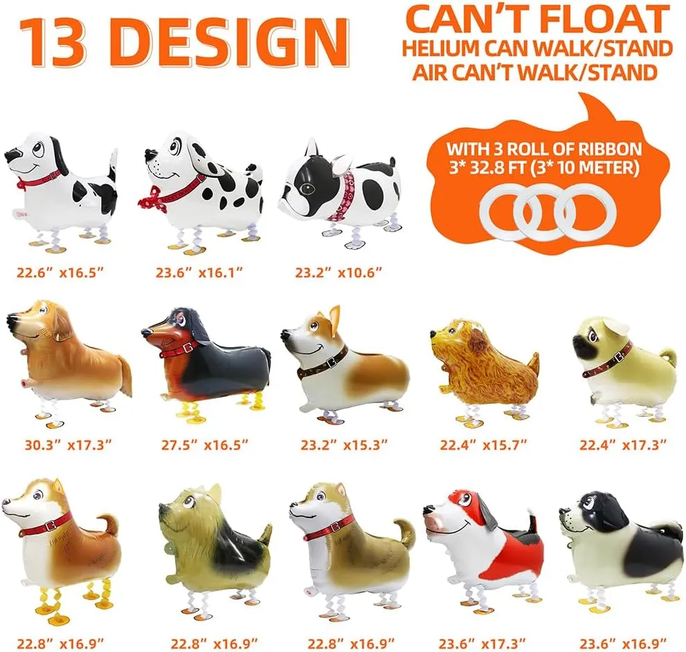 13 Different Patterns Walk Dog Balloon Funny Air Walkers Pet Animal Doggy Balloon, 4D Cartoon Air Walking Puppy Balloons Toys Dog Party Decoration For Birthday Wedding Baby Shower