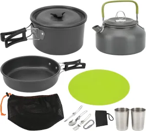 14 Pcs Camping Cookware Mess Kit, Non Stick Pot and Pan Set, with Stainless Steel Cups Plates Forks Knives Spoons for Camping, Backpacking, Outdoor Cooking and Picnic