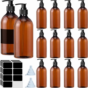 14 Pcs Amber Soap Dispenser 16.9 Oz Plastic Pump Bottles, Empty Refillable Shampoo Container 3 Labels and 2 Funnels for Hand Sanitizer Lotion Body Wash Conditioner Bathroom Kitchen Travel
