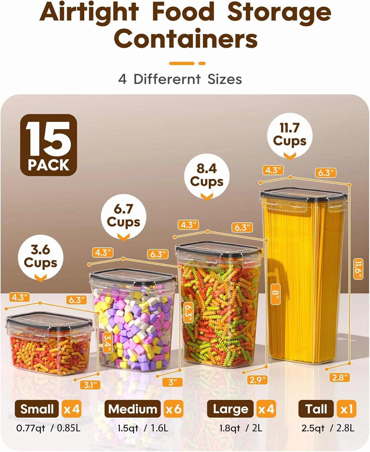 15 Pack Airtight Food Storage Containers with Lids, Kitchen Pantry Organizers and Storage, BPA-Free Plastic Food Canisters for Cereal, Flour, Sugar, Pasta, Dry Food, Include Labels & Marker