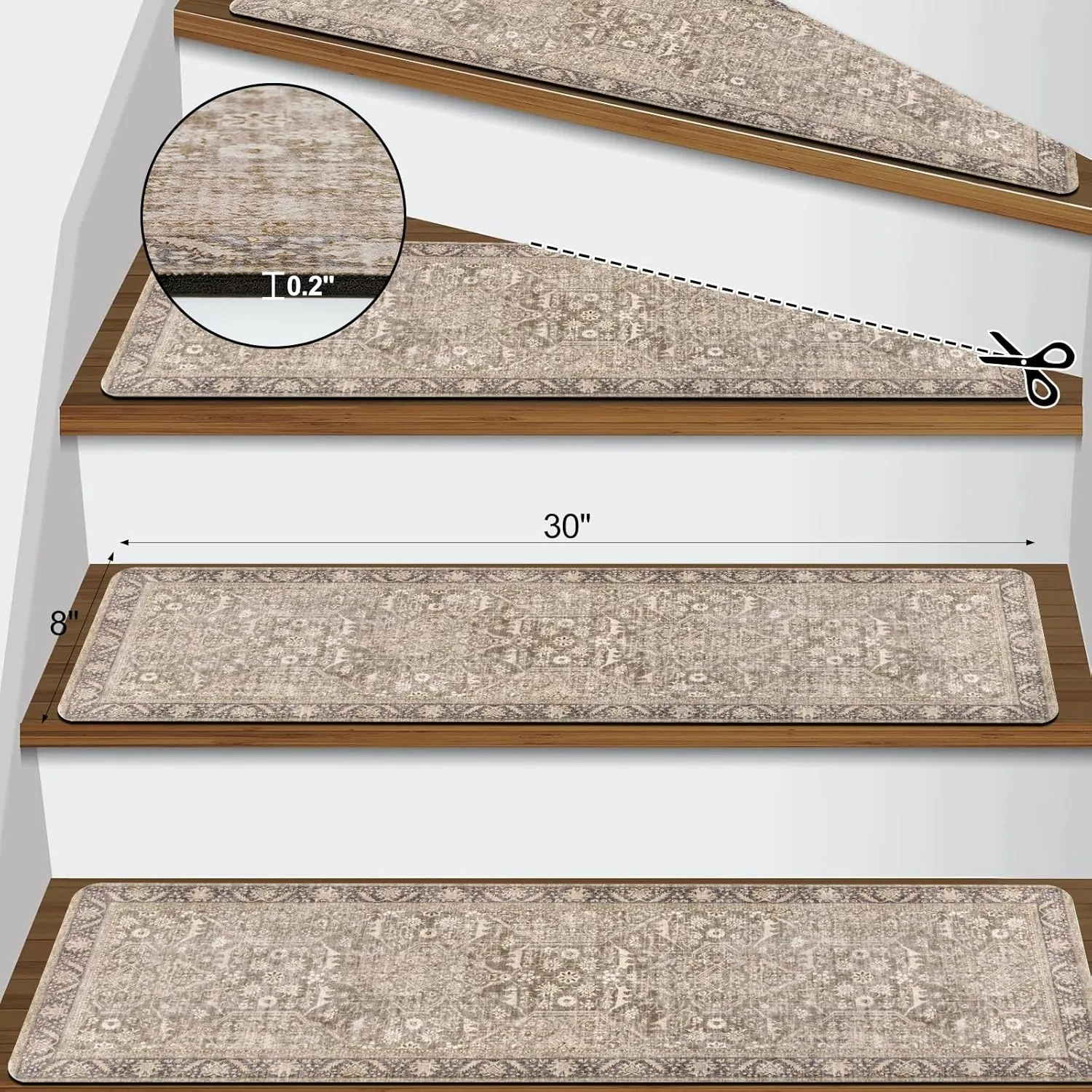 15PCS 8"x30" Non-Slip Stair Treads, Polyester (PET) Carpet with Rubber Backing, Tan, Rectangular, Residential Grade, Staircase Step Treads