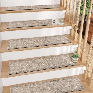15PCS 8"x30" Non-Slip Stair Treads, Polyester (PET) Carpet with Rubber Backing, Tan, Rectangular, Residential Grade, Staircase Step Treads