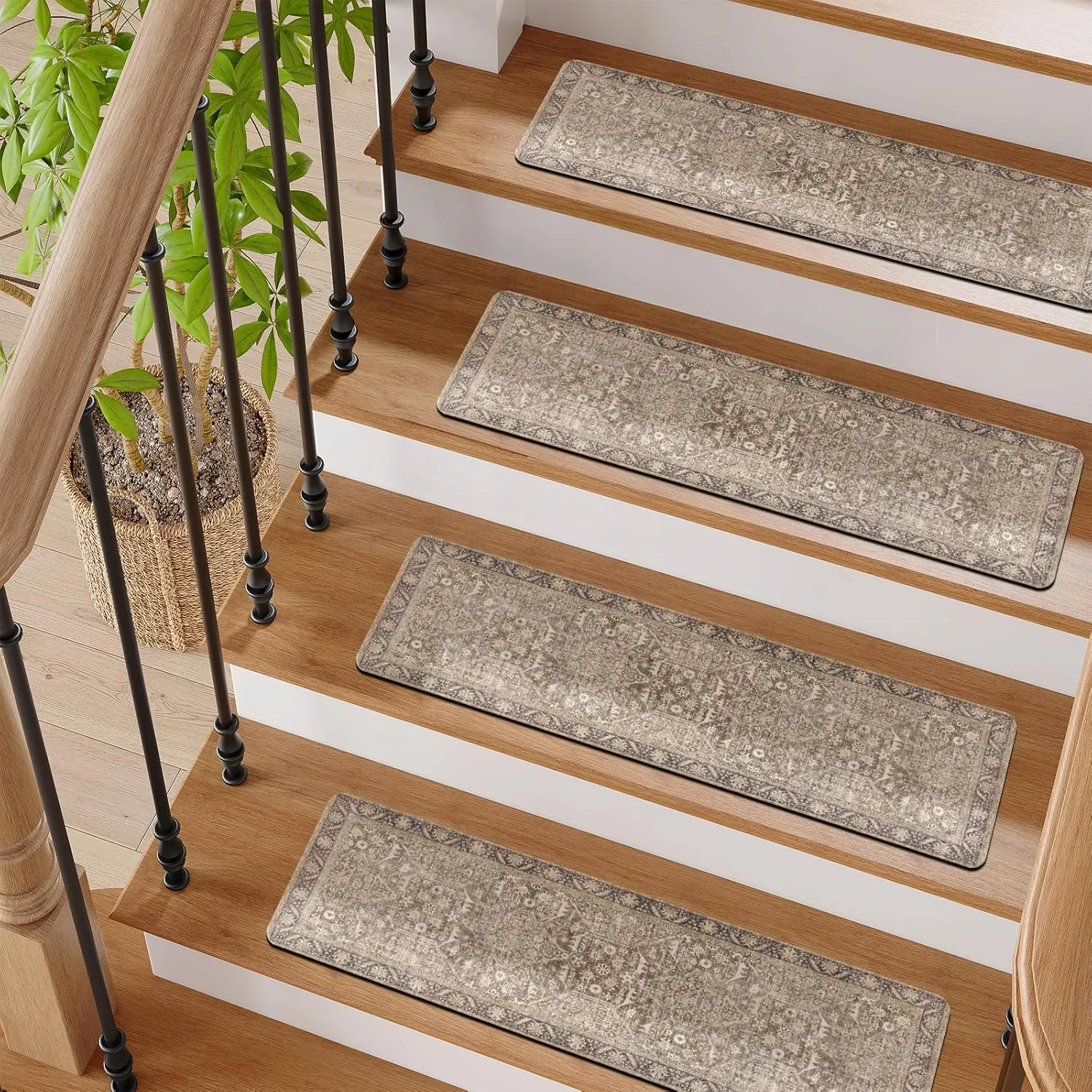 15PCS 8"x30" Non-Slip Stair Treads, Polyester (PET) Carpet with Rubber Backing, Tan, Rectangular, Residential Grade, Staircase Step Treads