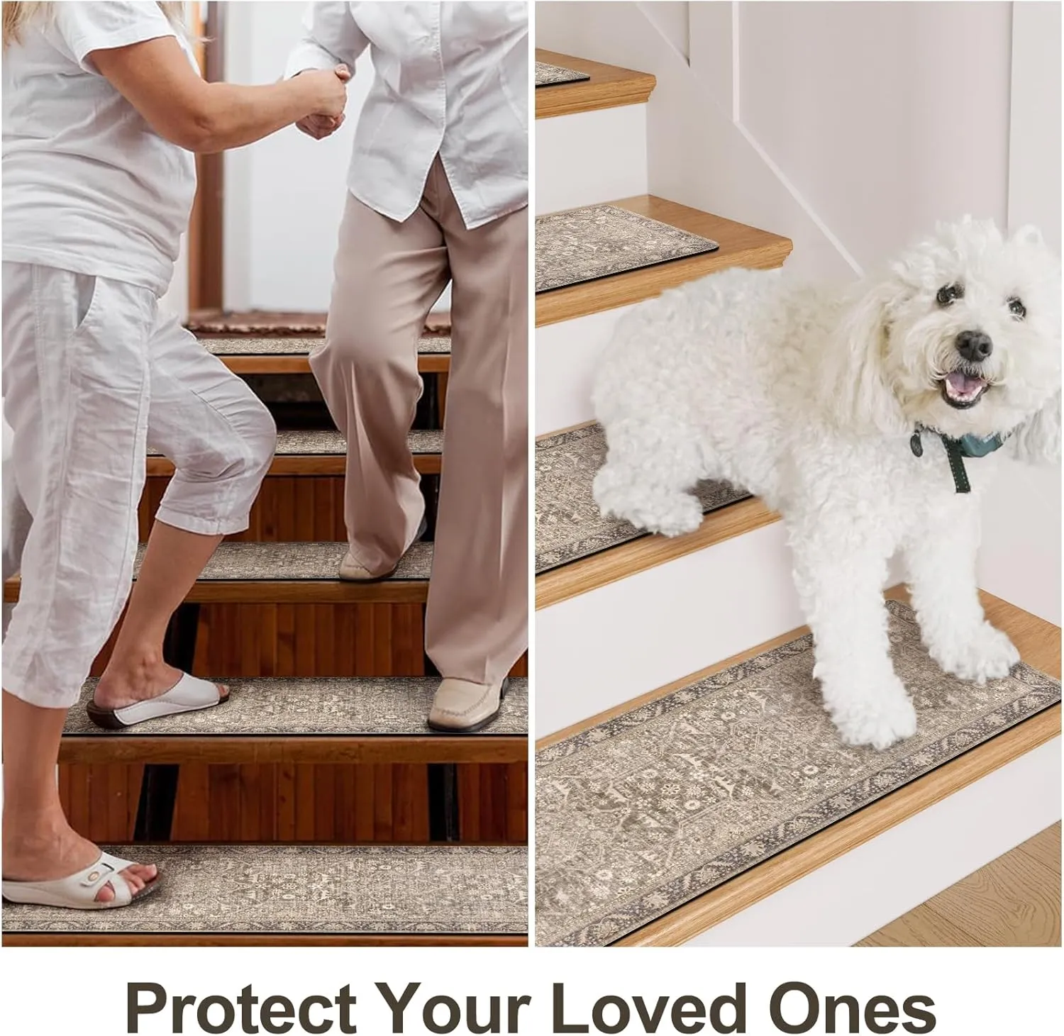 15PCS 8"x30" Non-Slip Stair Treads, Polyester (PET) Carpet with Rubber Backing, Tan, Rectangular, Residential Grade, Staircase Step Treads