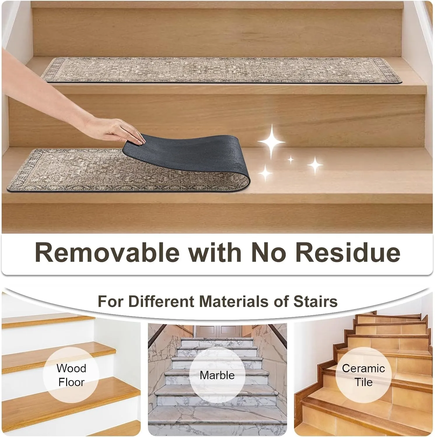 15PCS 8"x30" Non-Slip Stair Treads, Polyester (PET) Carpet with Rubber Backing, Tan, Rectangular, Residential Grade, Staircase Step Treads