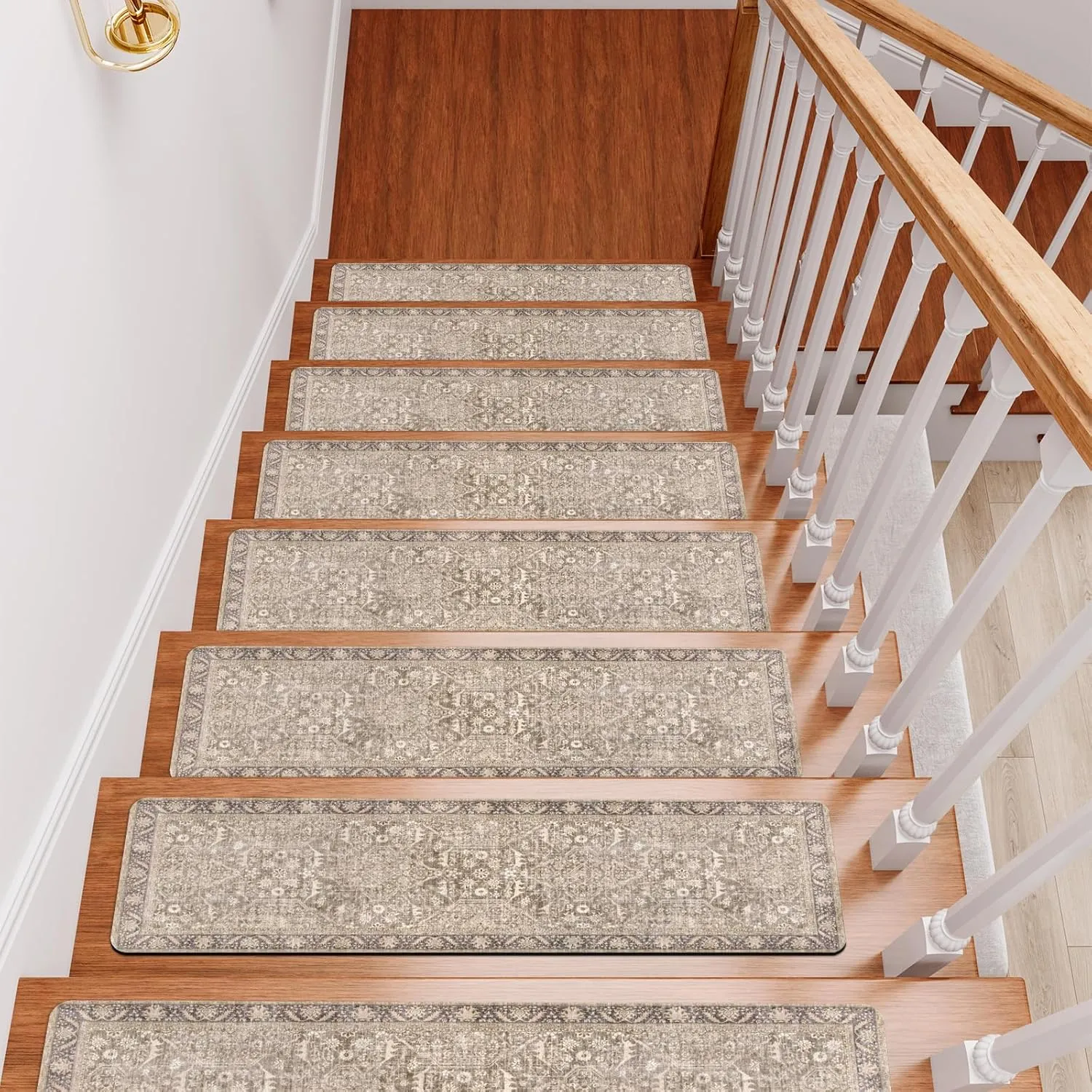 15PCS 8"x30" Non-Slip Stair Treads, Polyester (PET) Carpet with Rubber Backing, Tan, Rectangular, Residential Grade, Staircase Step Treads
