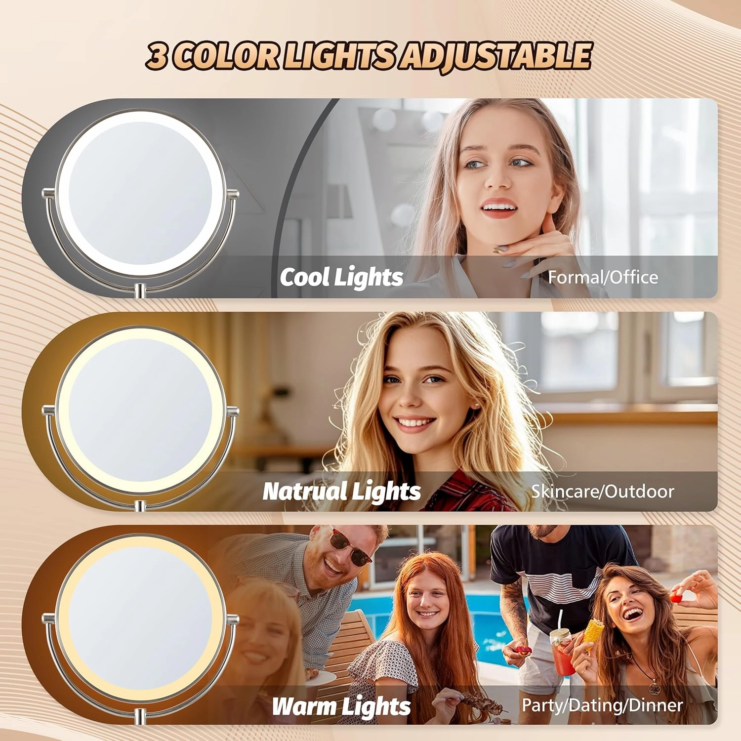 15X Magnifying Mirror with Light: 9 inch Lighted Makeup Mirror, 360Rotation Touch Screen Rechargeable, Double Sided LED Vanity Mirror, Brushed Nickel