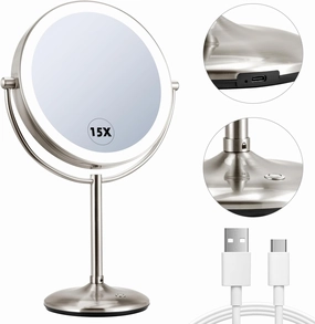15X Magnifying Mirror with Light: 9 inch Lighted Makeup Mirror, 360Rotation Touch Screen Rechargeable, Double Sided LED Vanity Mirror, Brushed Nickel