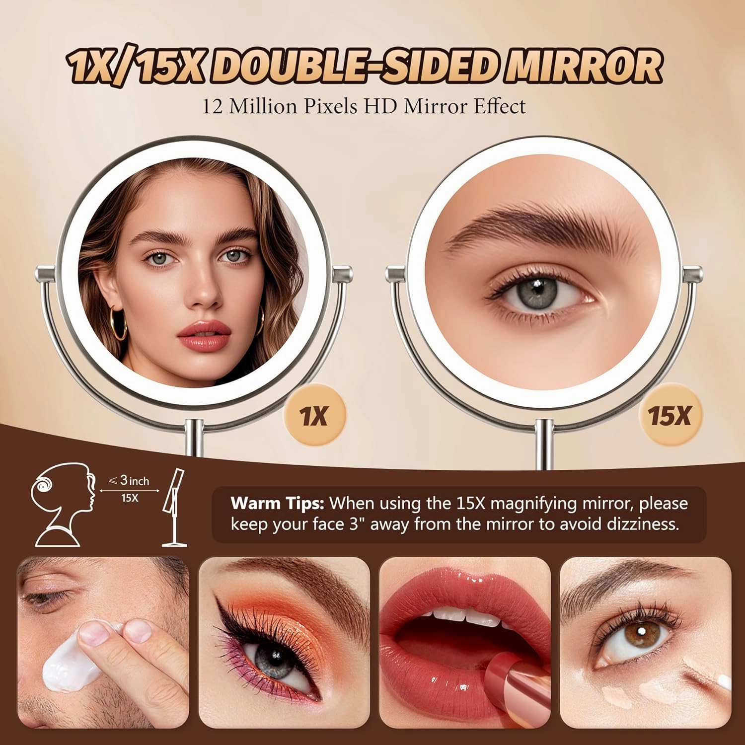 15X Magnifying Mirror with Light: 9 inch Lighted Makeup Mirror, 360Rotation Touch Screen Rechargeable, Double Sided LED Vanity Mirror, Brushed Nickel