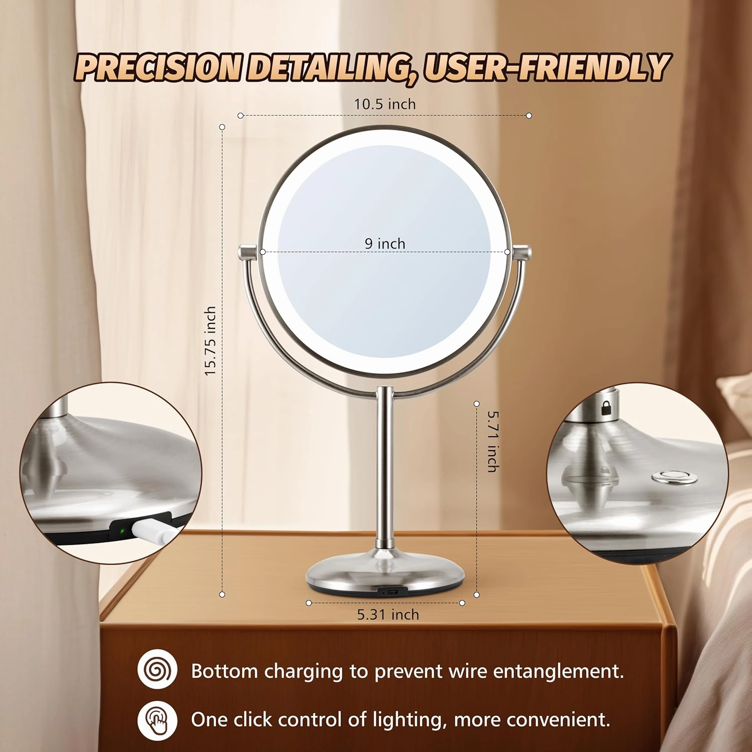 15X Magnifying Mirror with Light: 9 inch Lighted Makeup Mirror, 360Rotation Touch Screen Rechargeable, Double Sided LED Vanity Mirror, Brushed Nickel