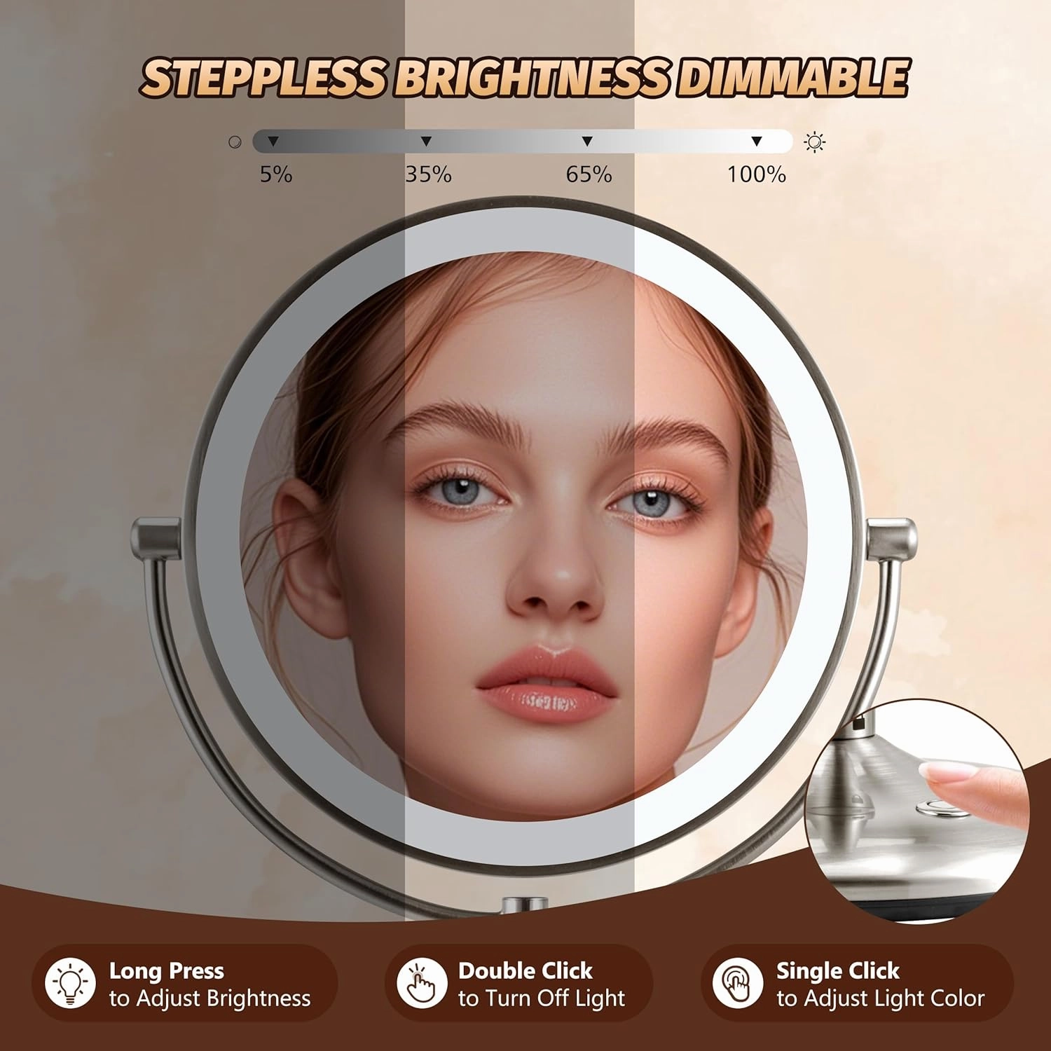 15X Magnifying Mirror with Light: 9 inch Lighted Makeup Mirror, 360Rotation Touch Screen Rechargeable, Double Sided LED Vanity Mirror, Brushed Nickel