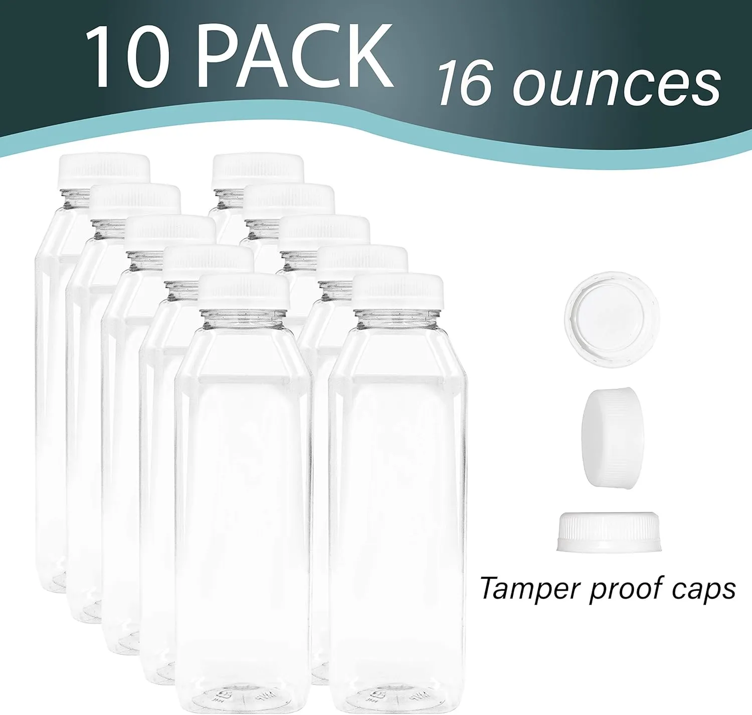16 OZ Empty PET Plastic Juice Bottles - Pack of 10 Reusable Clear Disposable Milk Bulk Containers with Black Tamper Evident Caps Lids (10-Pack)