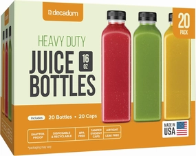 16oz 20pcs Juice Bottles With Caps - MADE IN USA Juice Containers With Lids For Fridge - Juicer Bottles With Tamper Evident Caps, Shatterproof, BPA-Free, Leak proof, Disposable & Recyclable