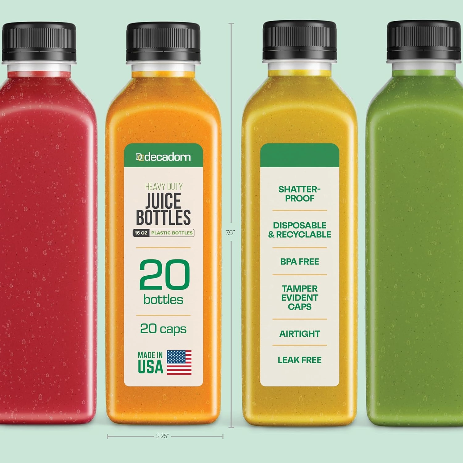 16oz 20pcs Juice Bottles With Caps - MADE IN USA Juice Containers With Lids For Fridge - Juicer Bottles With Tamper Evident Caps, Shatterproof, BPA-Free, Leak proof, Disposable & Recyclable