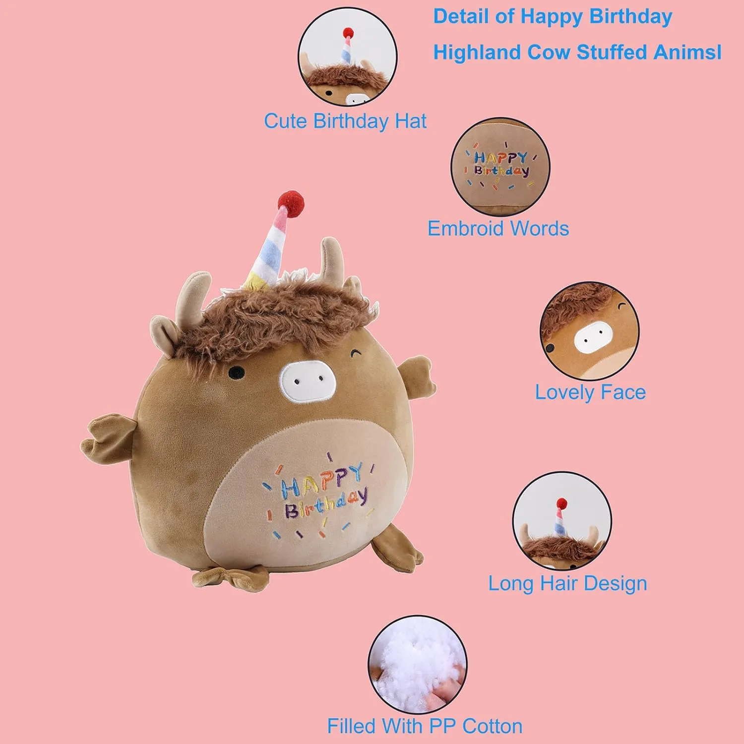 17 Inch Happy Birthday Highland Cow Plush Hugging Pillow - Cute Animal Plushies Toys, Brown Fluffy Scottish Cow Stuffed Animals Gift for Kids and Lovers