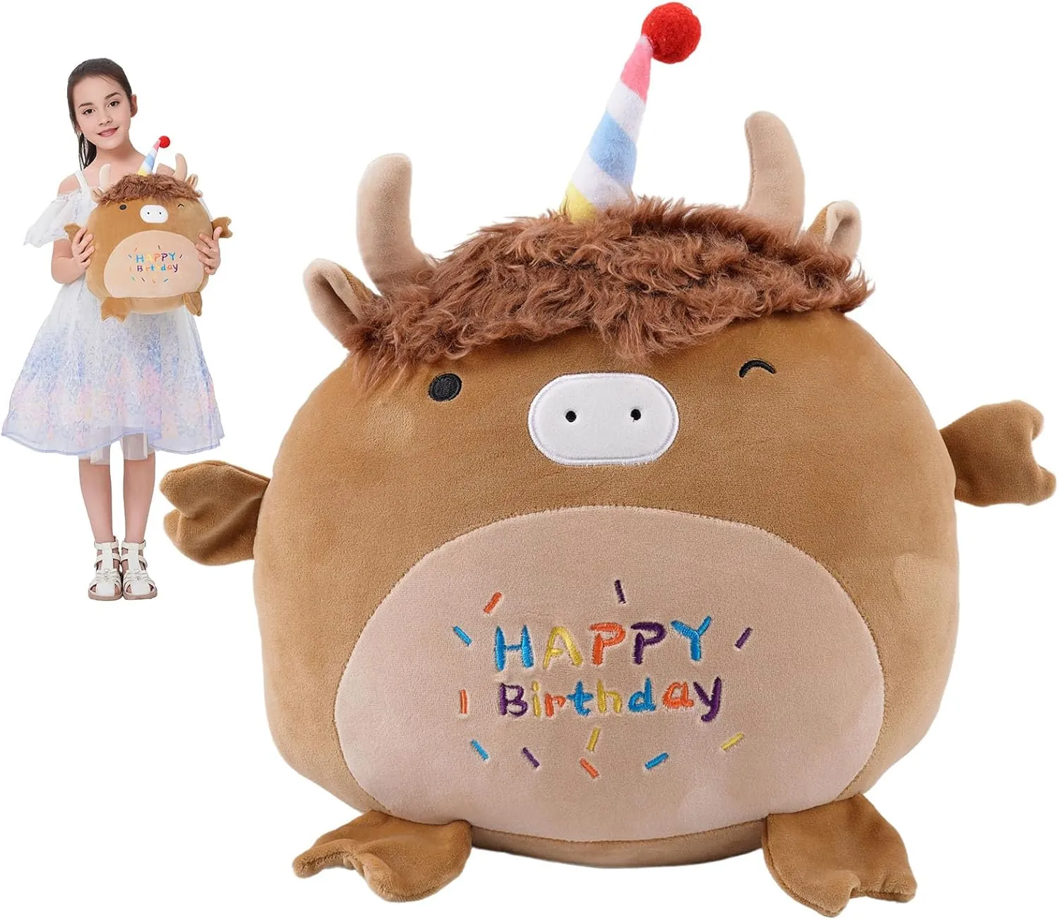 17 Inch Happy Birthday Highland Cow Plush Hugging Pillow - Cute Animal Plushies Toys, Brown Fluffy Scottish Cow Stuffed Animals Gift for Kids and Lovers