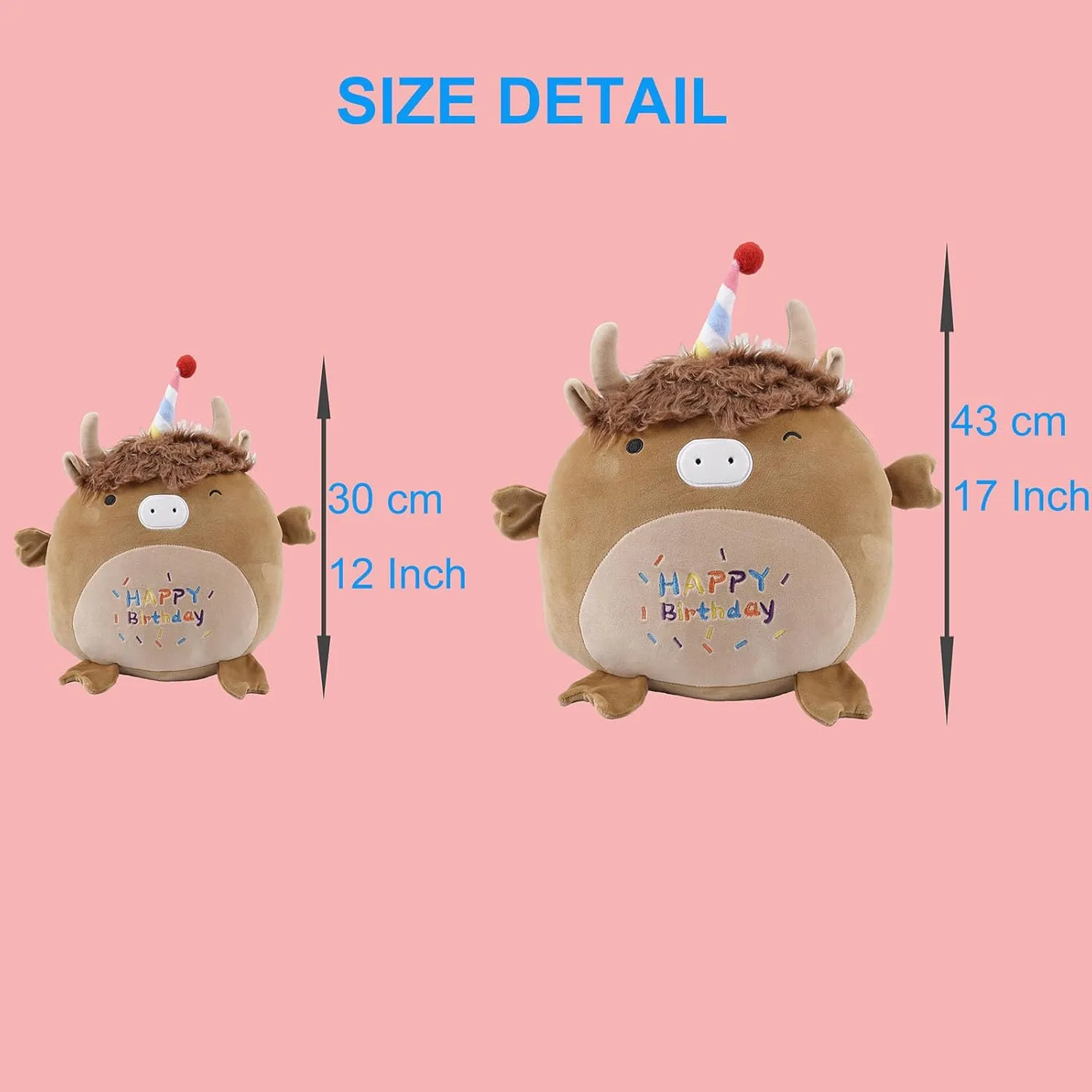 17 Inch Happy Birthday Highland Cow Plush Hugging Pillow - Cute Animal Plushies Toys, Brown Fluffy Scottish Cow Stuffed Animals Gift for Kids and Lovers