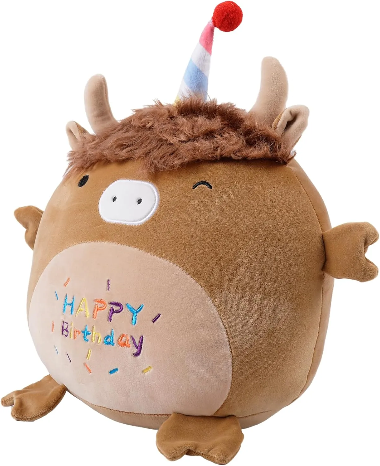 17 Inch Happy Birthday Highland Cow Plush Hugging Pillow - Cute Animal Plushies Toys, Brown Fluffy Scottish Cow Stuffed Animals Gift for Kids and Lovers