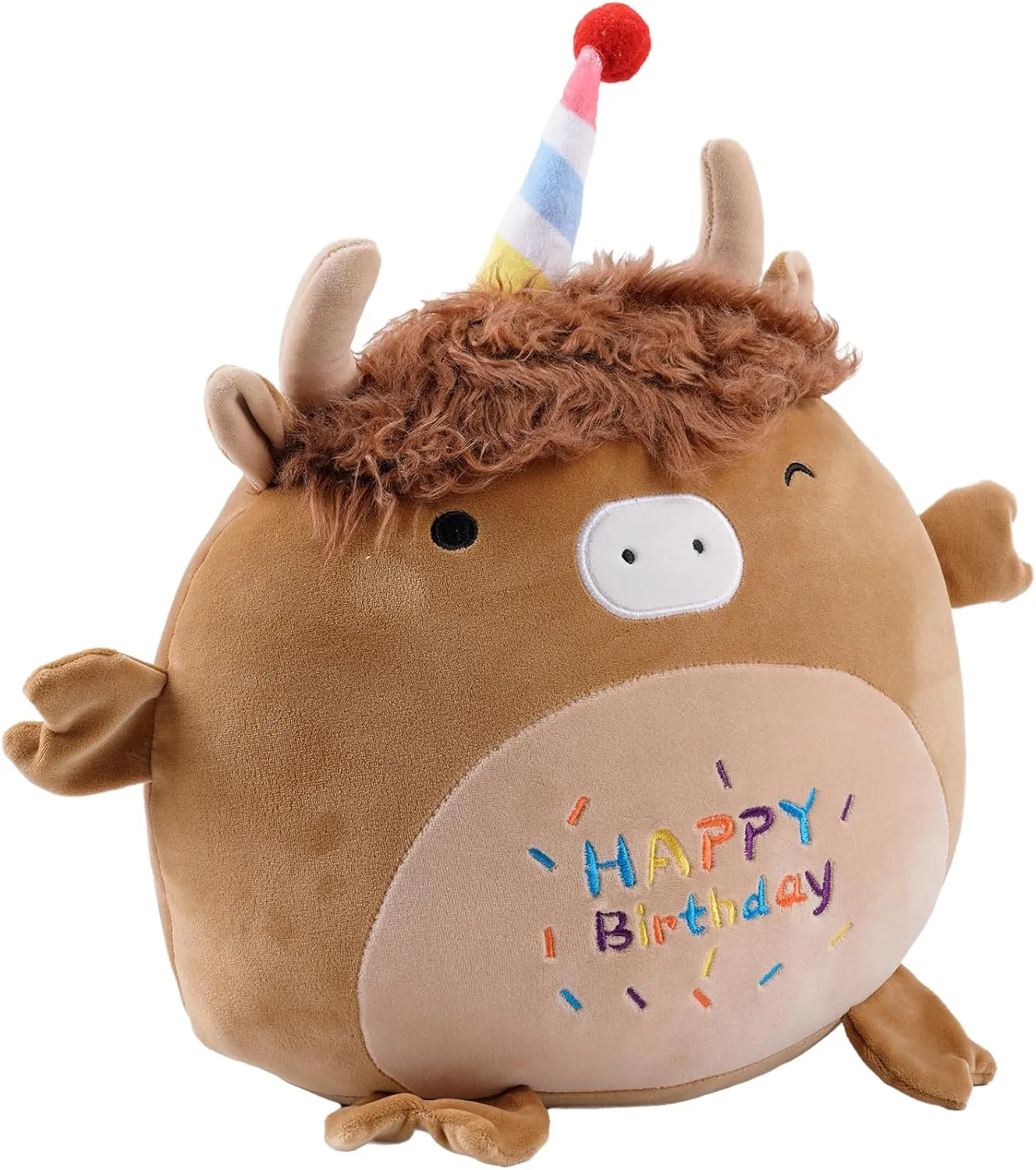 17 Inch Happy Birthday Highland Cow Plush Hugging Pillow - Cute Animal Plushies Toys, Brown Fluffy Scottish Cow Stuffed Animals Gift for Kids and Lovers