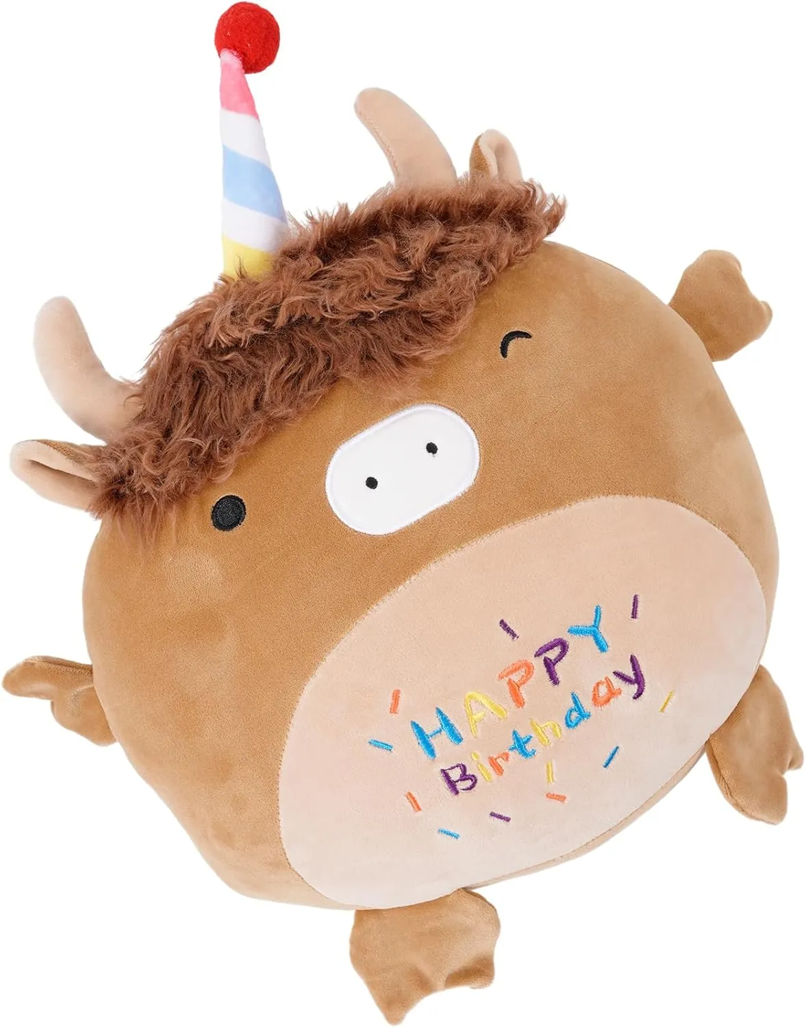 17 Inch Happy Birthday Highland Cow Plush Hugging Pillow - Cute Animal Plushies Toys, Brown Fluffy Scottish Cow Stuffed Animals Gift for Kids and Lovers