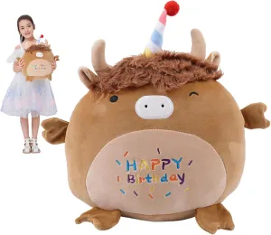 17 Inch Happy Birthday Highland Cow Plush Hugging Pillow - Cute Animal Plushies Toys, Brown Fluffy Scottish Cow Stuffed Animals Gift for Kids and Lovers