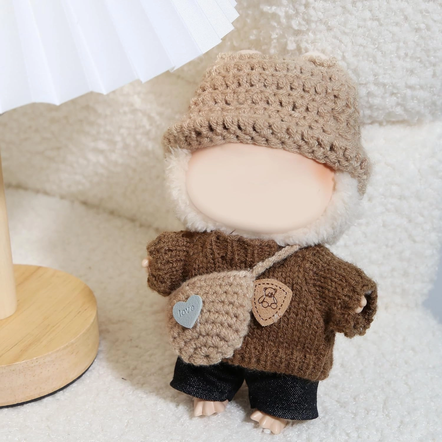 17cm Doll Clothes - Kawaii Chic Style Set for 17cm Dolls, Premium Doll Outfit with Accessories - Khaki Wool Hat   Brown Romper   Black Jeans   Khaki Bag (NO Doll)