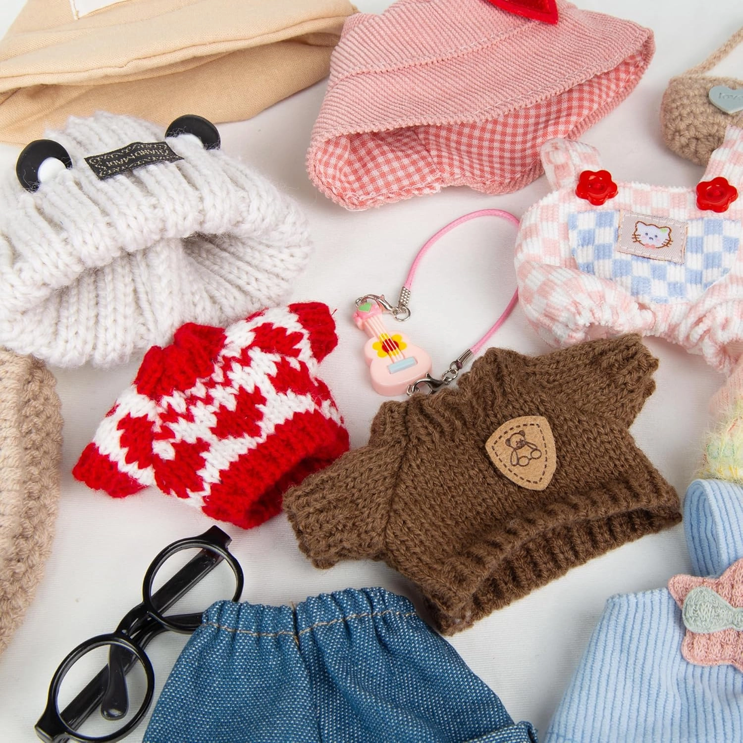 17cm Doll Clothes - Kawaii Chic Style Set for 17cm Dolls, Premium Doll Outfit with Accessories - Khaki Wool Hat   Brown Romper   Black Jeans   Khaki Bag (NO Doll)
