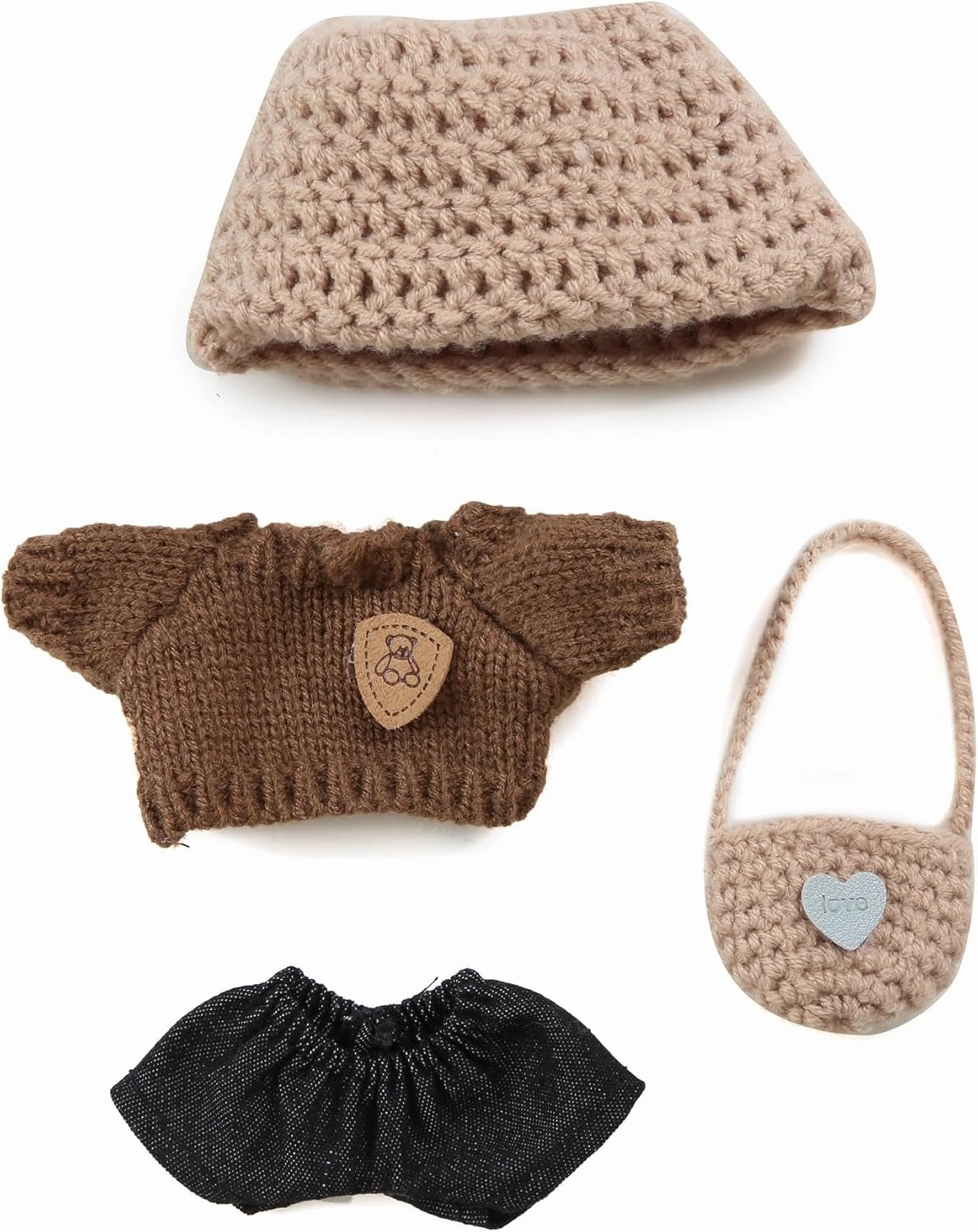 17cm Doll Clothes - Kawaii Chic Style Set for 17cm Dolls, Premium Doll Outfit with Accessories - Khaki Wool Hat   Brown Romper   Black Jeans   Khaki Bag (NO Doll)