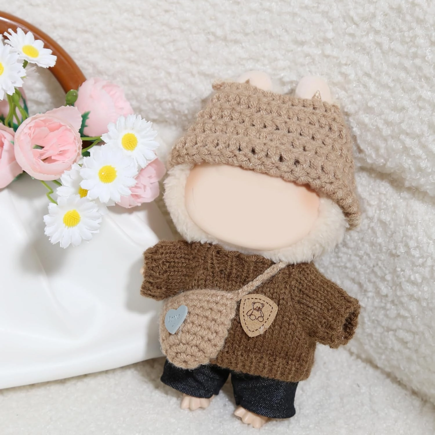 17cm Doll Clothes - Kawaii Chic Style Set for 17cm Dolls, Premium Doll Outfit with Accessories - Khaki Wool Hat   Brown Romper   Black Jeans   Khaki Bag (NO Doll)
