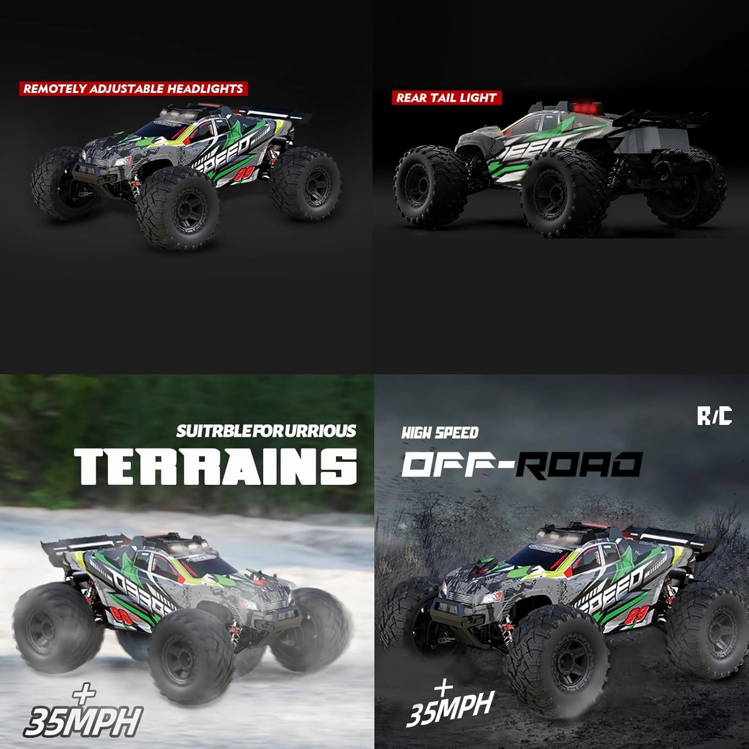 1:10 Large Brush RC Car for Adults, Fast Remote Control Car, Rc Truck 28 MPH, All Terrain 2.4Ghz Electric Hobby Grade Rc Cars, 4WD Off Road Monster Truck for Adults - Olive Green