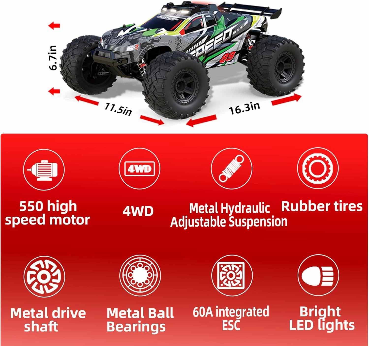 1:10 Large Brush RC Car for Adults, Fast Remote Control Car, Rc Truck 28 MPH, All Terrain 2.4Ghz Electric Hobby Grade Rc Cars, 4WD Off Road Monster Truck for Adults - Olive Green