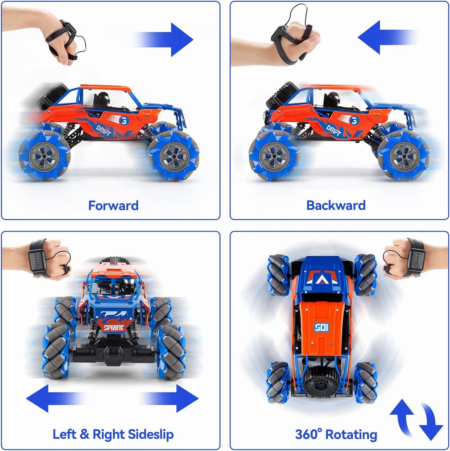 1:14 Scale 4WD Metal Remote Control Car, 360° Rotating Hand Gesture Sensor Control Monster Truck All Terrains RC Car Vehicle Stunt Car with Rechargeable Batteries gift for Boys Kids and Adults