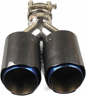 1 Piece Shiny Carbon Universal Y Model Double Tailpipe Nozzles Exhaust Tips Compatible For Akrapovic Blue Color Muffler Stainless Steel(In 54MM Out 114MM)