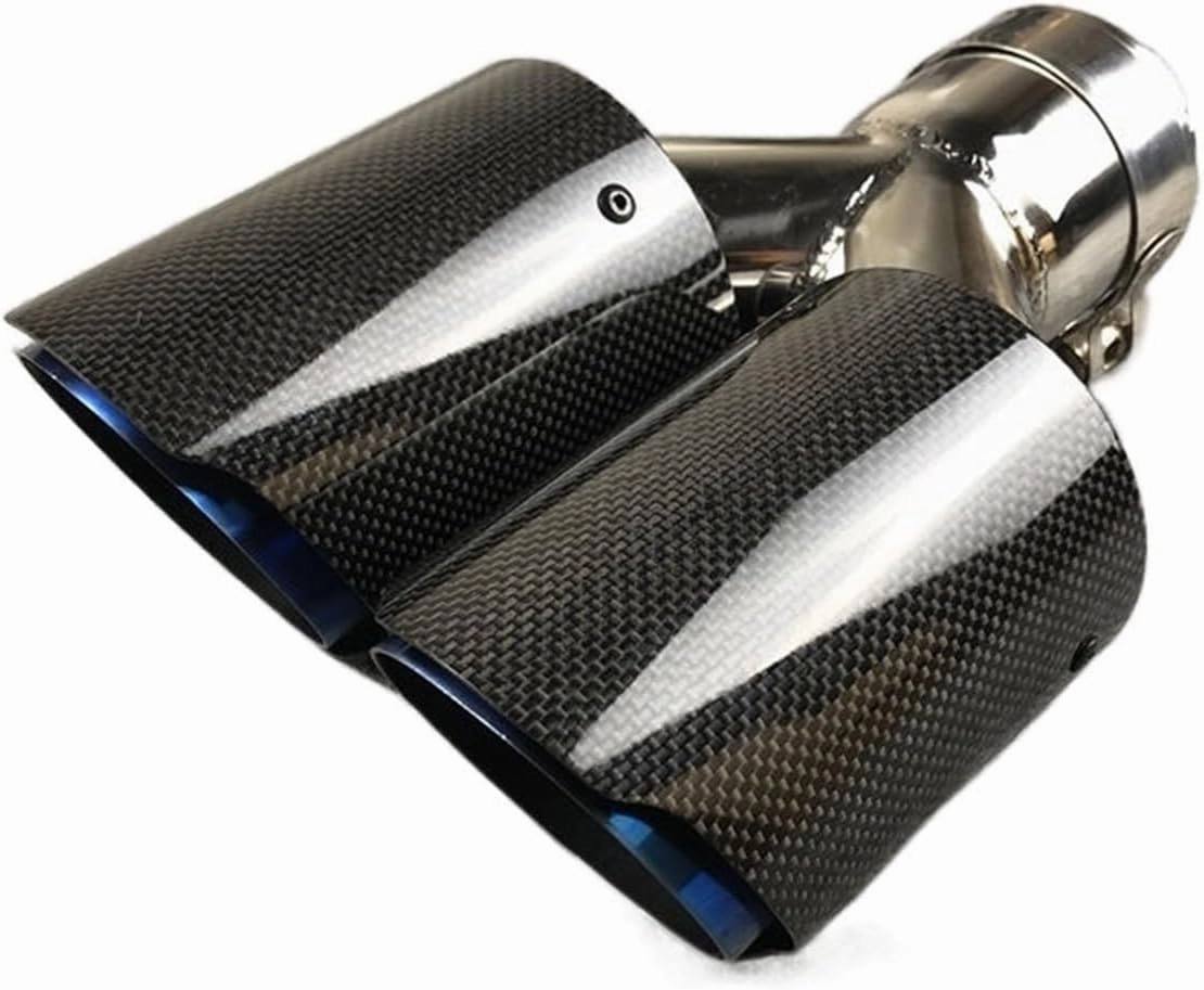 1 Piece Shiny Carbon Universal Y Model Double Tailpipe Nozzles Exhaust Tips Compatible For Akrapovic Blue Color Muffler Stainless Steel(In 54MM Out 114MM)