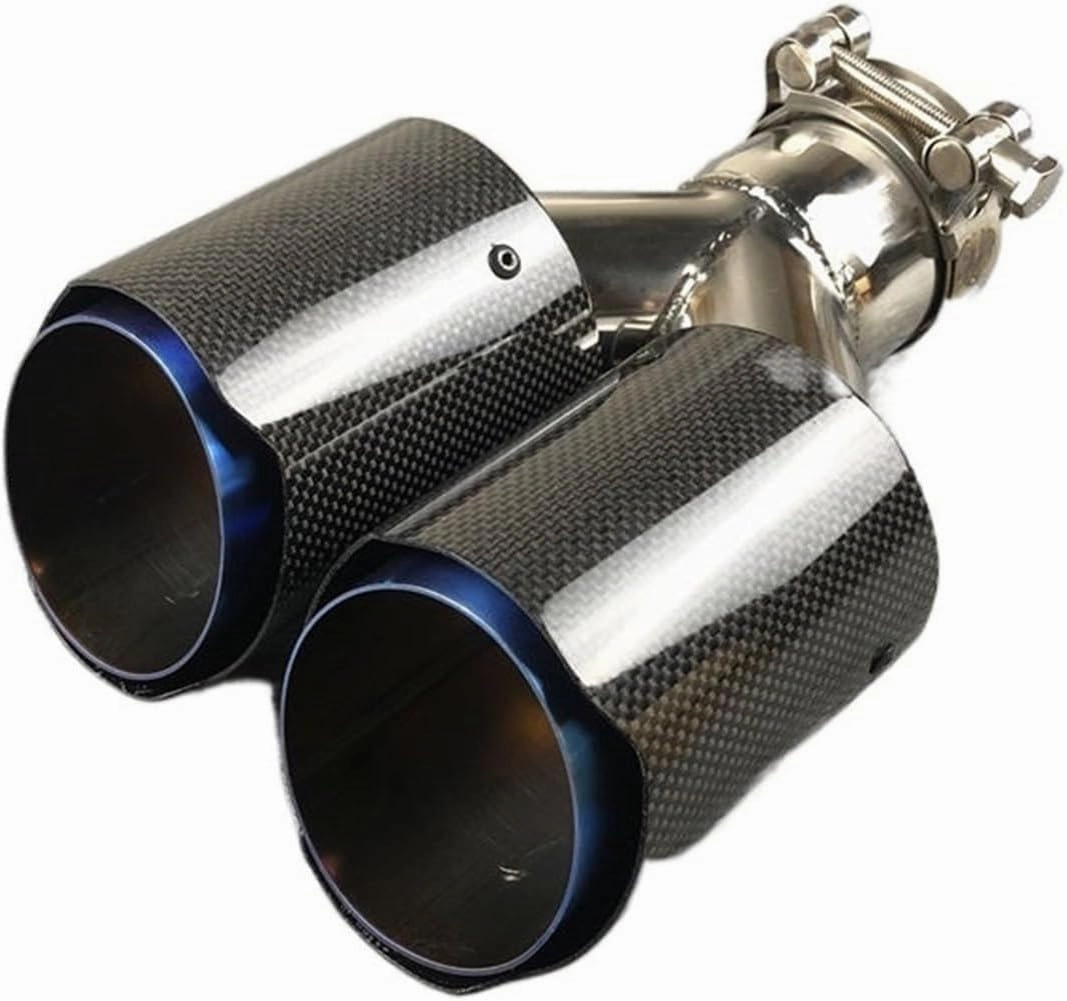 1 Piece Shiny Carbon Universal Y Model Double Tailpipe Nozzles Exhaust Tips Compatible For Akrapovic Blue Color Muffler Stainless Steel(In 54MM Out 114MM)